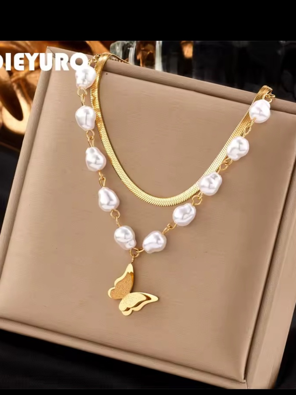 Gold Butterfly Pearl Layered Necklace -